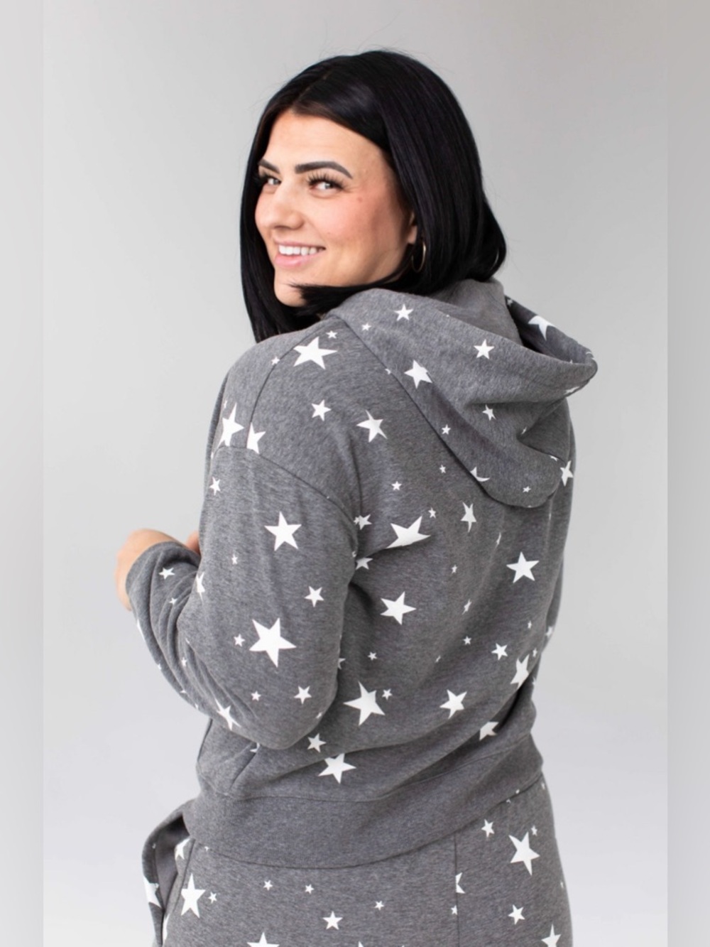 Savvi Shine Hoodie Star Print Gray Pullover | Plush Lined | Size L | EUC - Picture 6 of 13